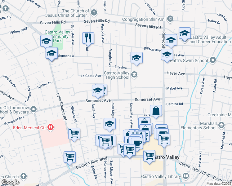map of restaurants, bars, coffee shops, grocery stores, and more near 19641 San Miguel Avenue in Castro Valley
