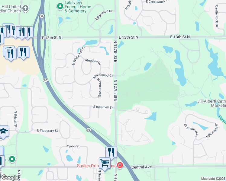 map of restaurants, bars, coffee shops, grocery stores, and more near 954 North Preserve Court in Wichita