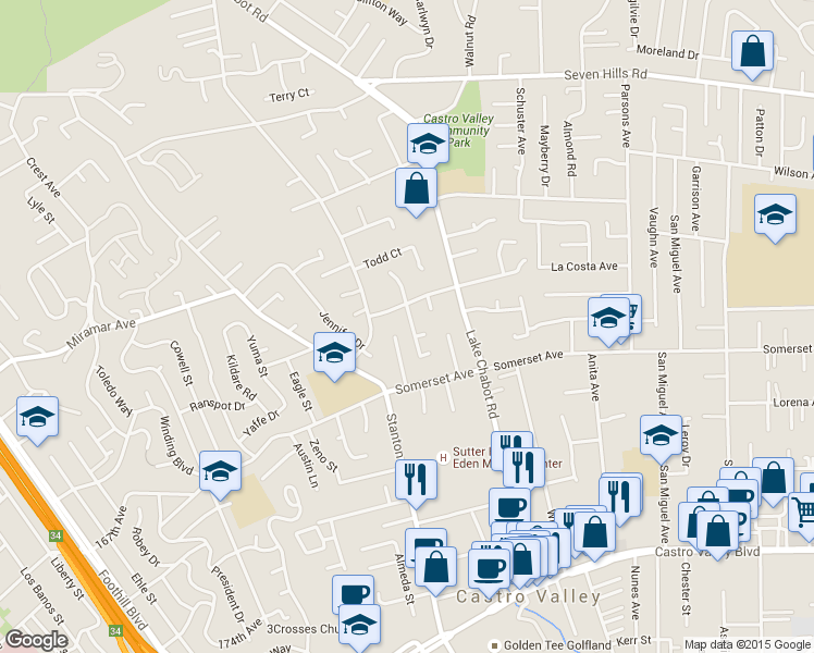 map of restaurants, bars, coffee shops, grocery stores, and more near 19543 Barclay Rd in Castro Valley