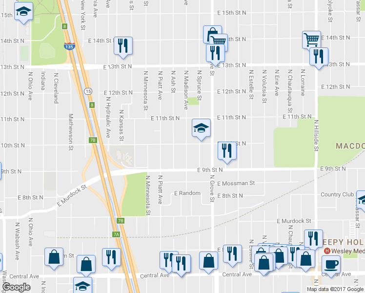 map of restaurants, bars, coffee shops, grocery stores, and more near 1057 North Madison Avenue in Wichita