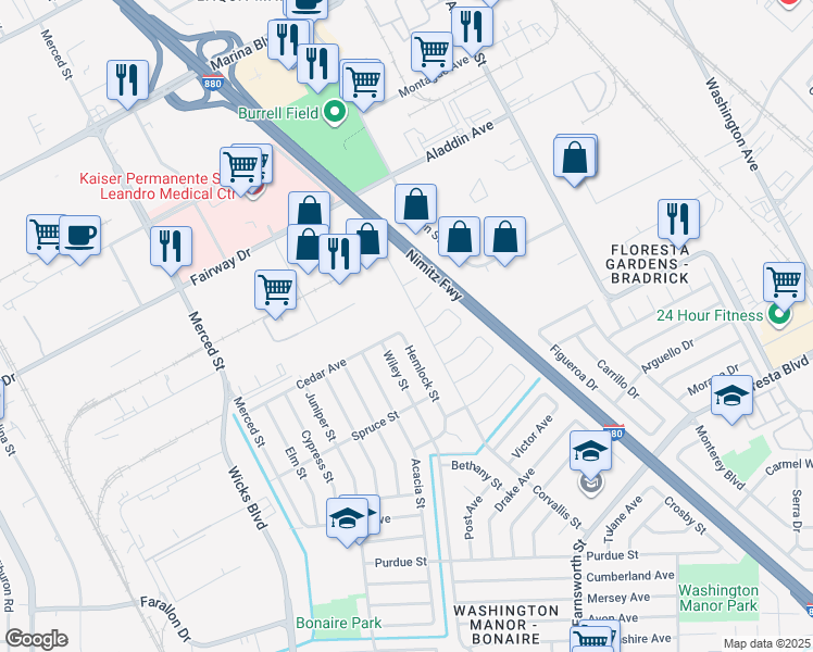 map of restaurants, bars, coffee shops, grocery stores, and more near 14300 Hemlock Street in San Leandro