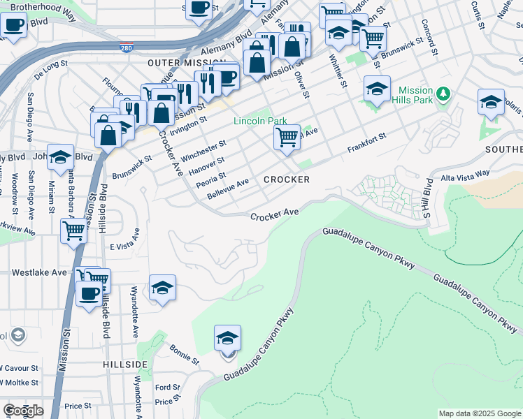 map of restaurants, bars, coffee shops, grocery stores, and more near 835 Templeton Avenue in Daly City