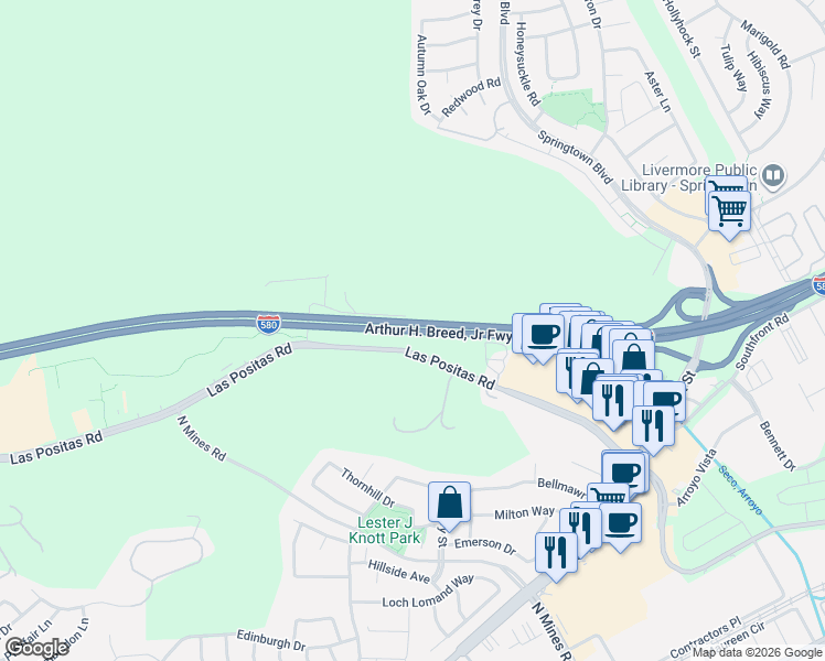 map of restaurants, bars, coffee shops, grocery stores, and more near Interstate 580 in Livermore