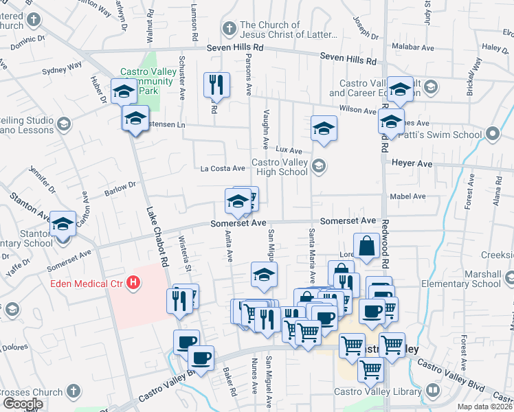 map of restaurants, bars, coffee shops, grocery stores, and more near 19590 Parsons Ave in Castro Valley