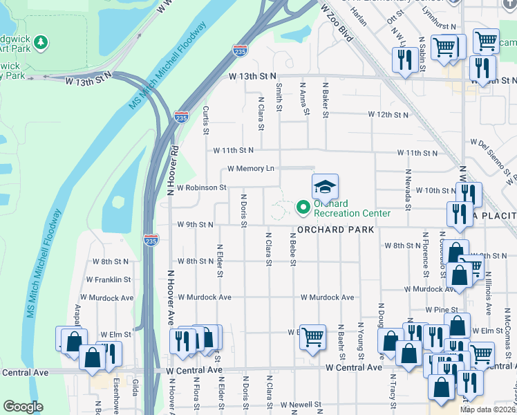map of restaurants, bars, coffee shops, grocery stores, and more near 1031 North Clara Street in Wichita