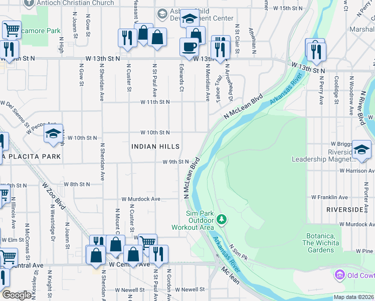 map of restaurants, bars, coffee shops, grocery stores, and more near 2604 West 9th Street North in Wichita
