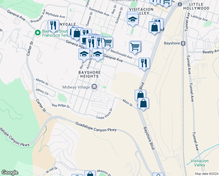 map of restaurants, bars, coffee shops, grocery stores, and more near 80 Park Street in Daly City