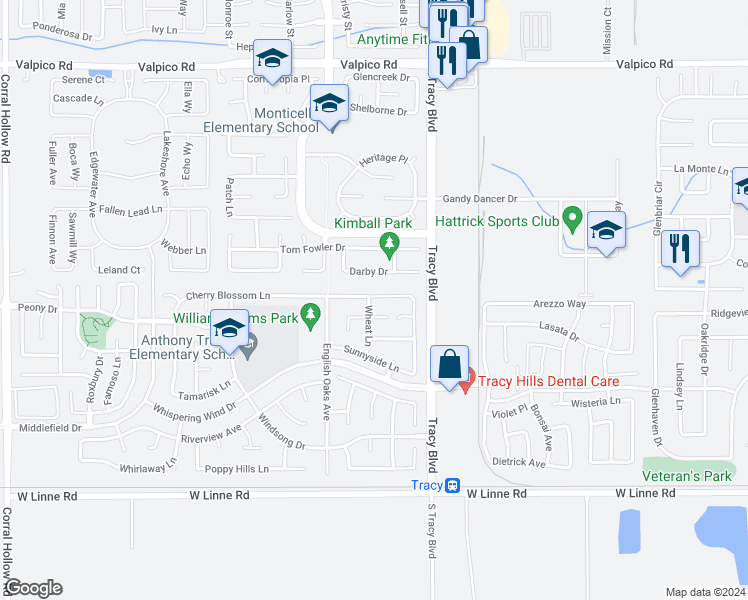 map of restaurants, bars, coffee shops, grocery stores, and more near 890 Cherry Blossom Lane in Tracy