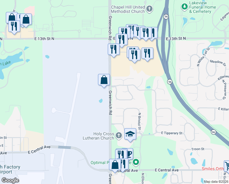 map of restaurants, bars, coffee shops, grocery stores, and more near 1025 North Crest Street in Wichita