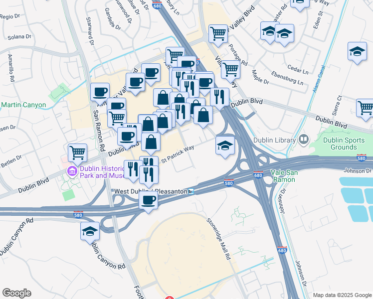 map of restaurants, bars, coffee shops, grocery stores, and more near Dublin Retail Center in Dublin