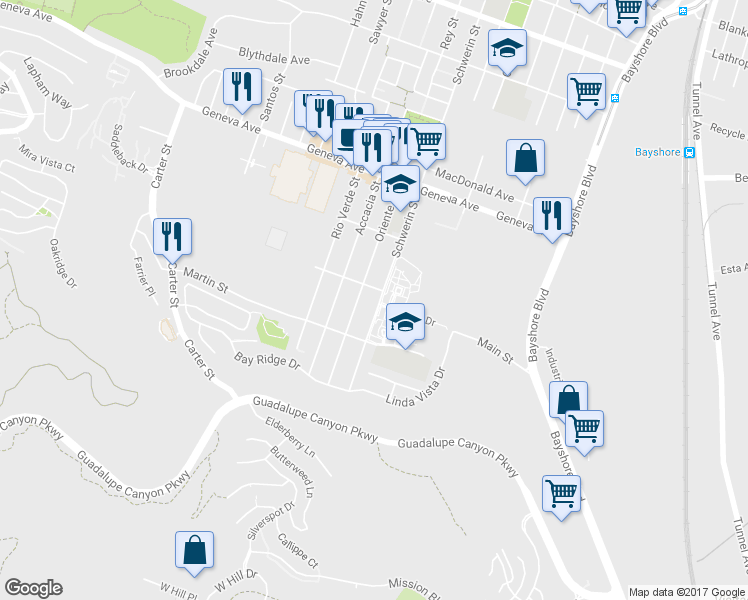 map of restaurants, bars, coffee shops, grocery stores, and more near 916 Schwerin Street in Daly City
