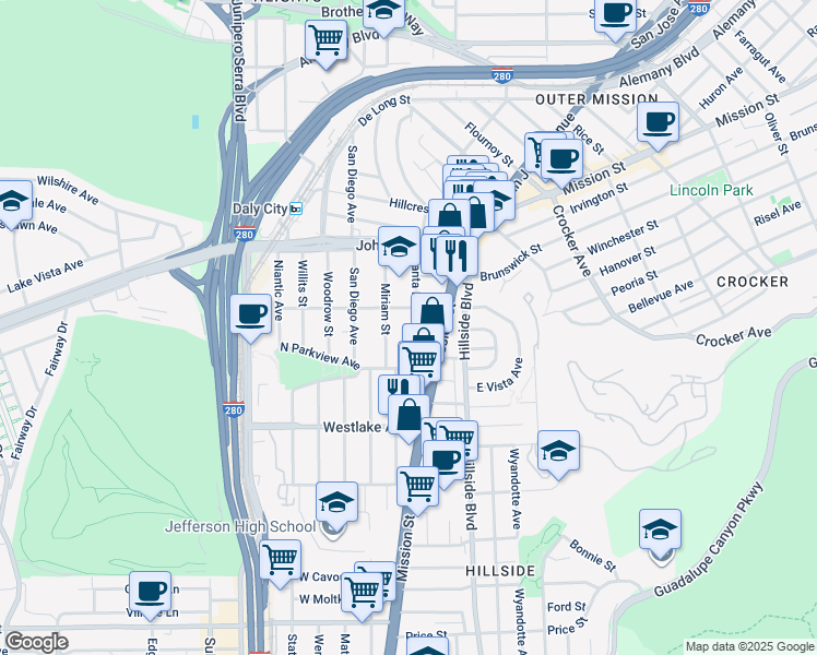 map of restaurants, bars, coffee shops, grocery stores, and more near 428 Santa Barbara Avenue in Daly City