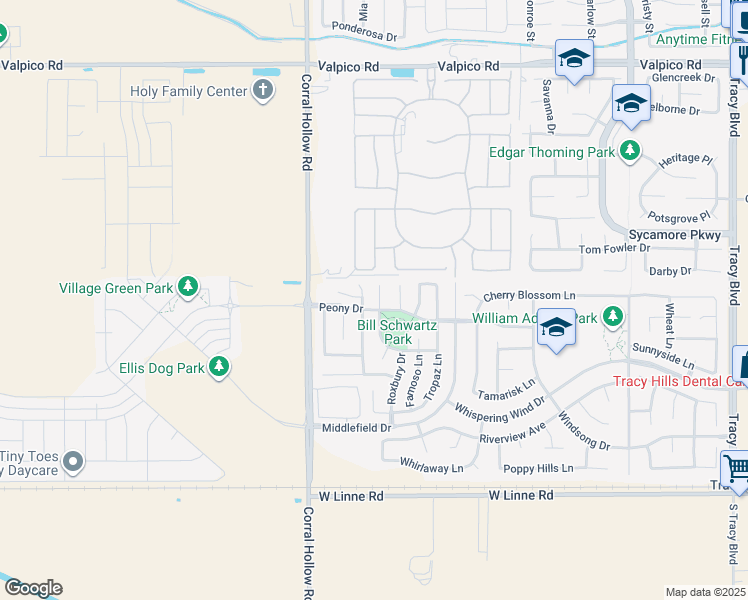 map of restaurants, bars, coffee shops, grocery stores, and more near 3971 Maison Court in Tracy