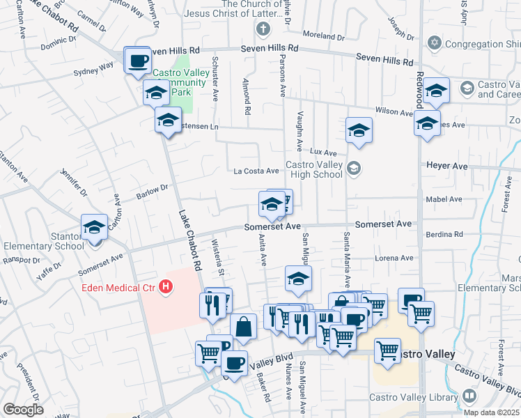 map of restaurants, bars, coffee shops, grocery stores, and more near 3335 Lenard Drive in Castro Valley