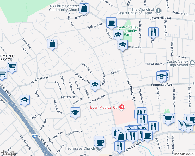 map of restaurants, bars, coffee shops, grocery stores, and more near 2850 Jennifer Drive in Castro Valley