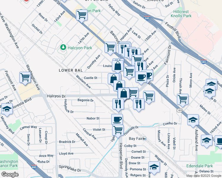 map of restaurants, bars, coffee shops, grocery stores, and more near 1068 Dillo Street in San Leandro