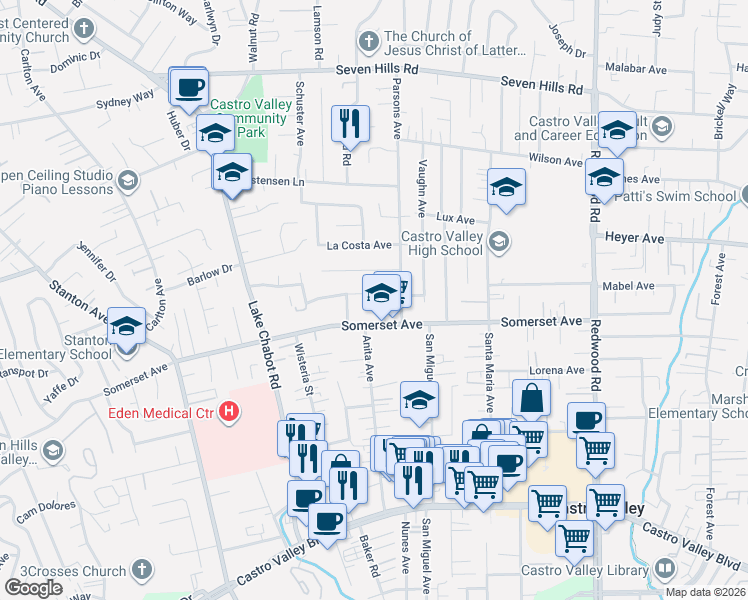 map of restaurants, bars, coffee shops, grocery stores, and more near 3453 Lenard Dr in Castro Valley