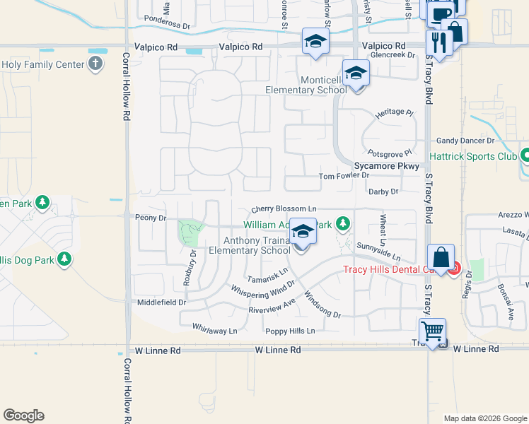 map of restaurants, bars, coffee shops, grocery stores, and more near 3939 Leslie Court in Tracy
