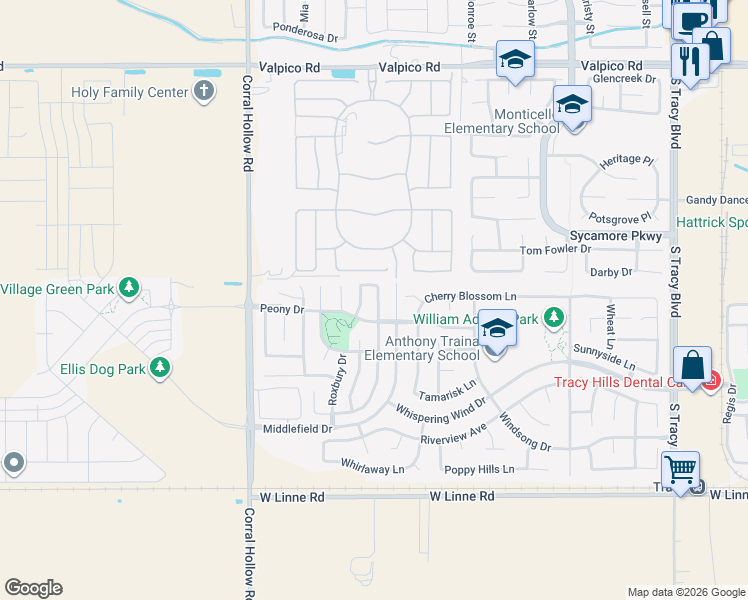 map of restaurants, bars, coffee shops, grocery stores, and more near 3955 Tropaz Lane in Tracy