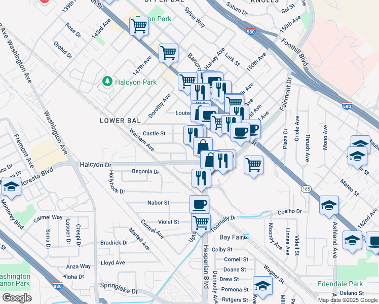 map of restaurants, bars, coffee shops, grocery stores, and more near 1068 Dillo Street in San Leandro