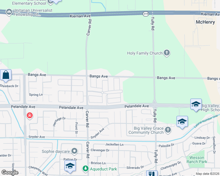 map of restaurants, bars, coffee shops, grocery stores, and more near 1609 Bangs Avenue in Modesto