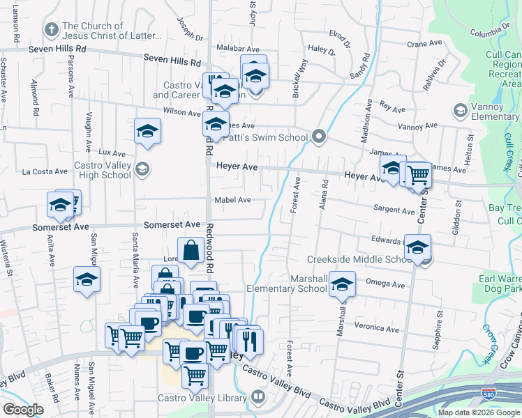 map of restaurants, bars, coffee shops, grocery stores, and more near 19677 Kinney Court in Castro Valley