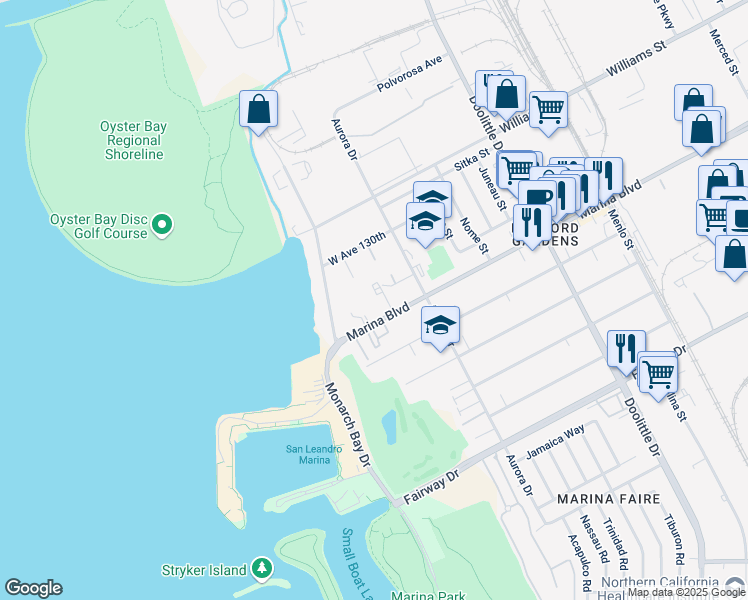 map of restaurants, bars, coffee shops, grocery stores, and more near 2615 Marina Boulevard in San Leandro