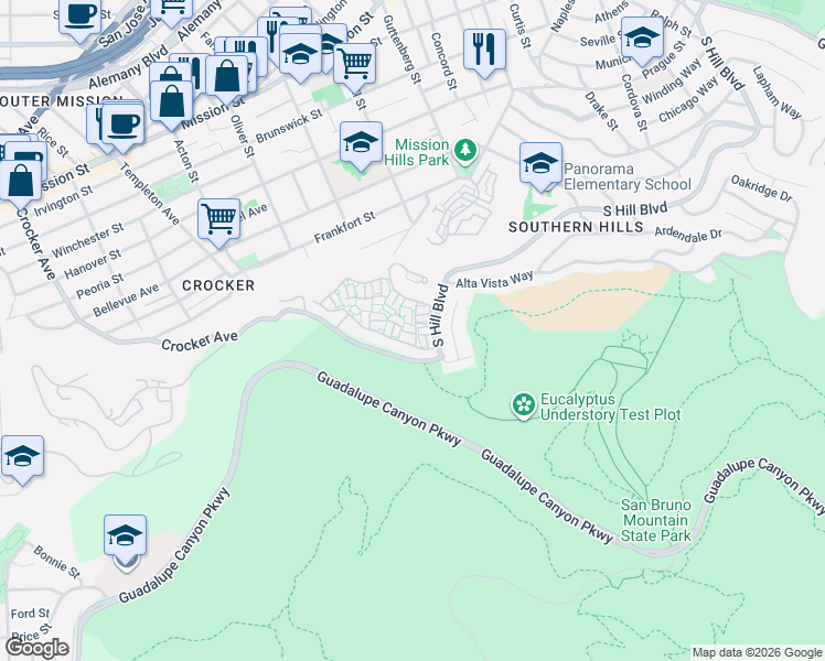 map of restaurants, bars, coffee shops, grocery stores, and more near 1805 Ipswich Lane in Daly City
