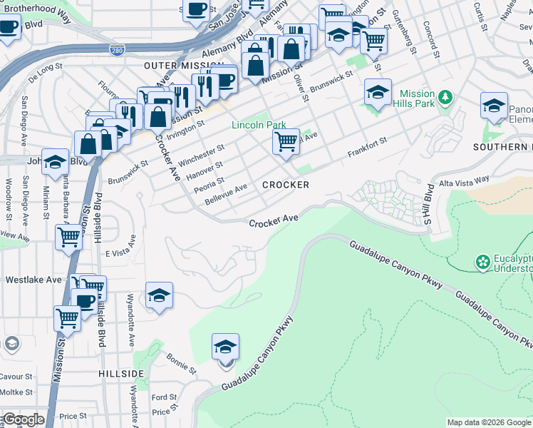 map of restaurants, bars, coffee shops, grocery stores, and more near 835 Templeton Avenue in Daly City
