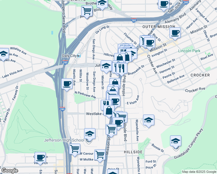map of restaurants, bars, coffee shops, grocery stores, and more near 428 Santa Barbara Avenue in Daly City