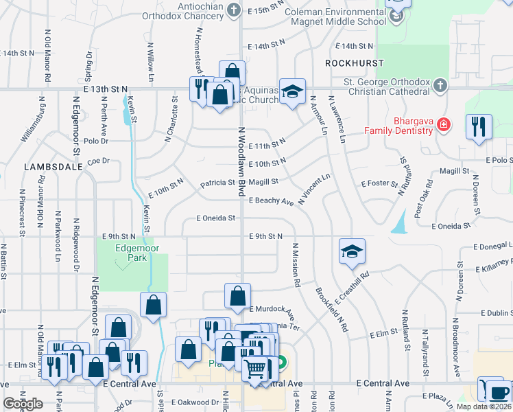 map of restaurants, bars, coffee shops, grocery stores, and more near 6405 Beachy Street in Wichita