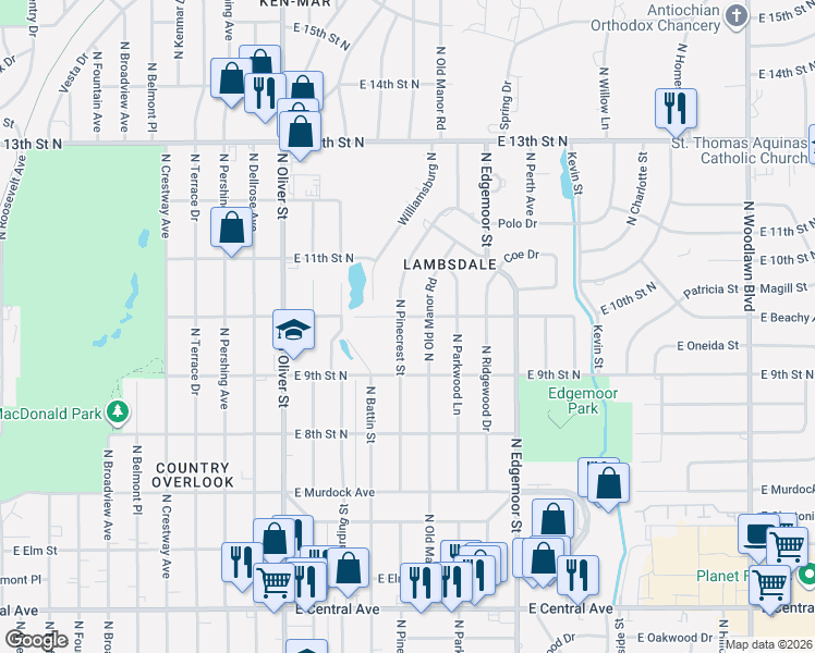 map of restaurants, bars, coffee shops, grocery stores, and more near 1051 North Old Manor Road in Wichita