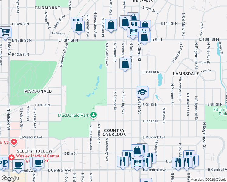 map of restaurants, bars, coffee shops, grocery stores, and more near 1048 North Terrace Drive in Wichita
