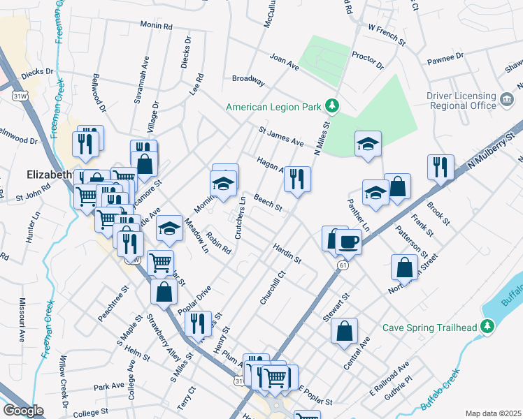 map of restaurants, bars, coffee shops, grocery stores, and more near 314 Cleaver Street in Elizabethtown