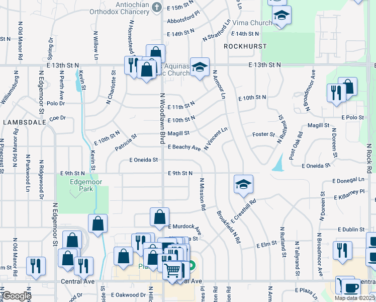 map of restaurants, bars, coffee shops, grocery stores, and more near 6505 Beachy Street in Wichita