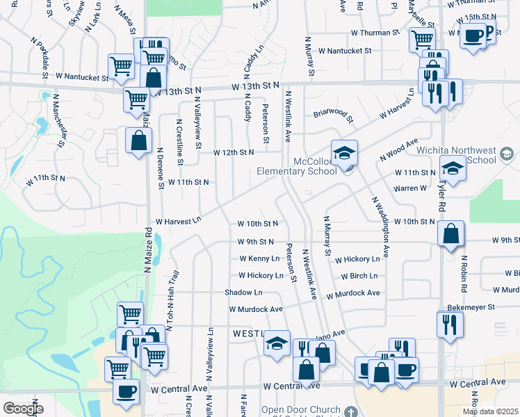 map of restaurants, bars, coffee shops, grocery stores, and more near 9798 10th Court in Wichita