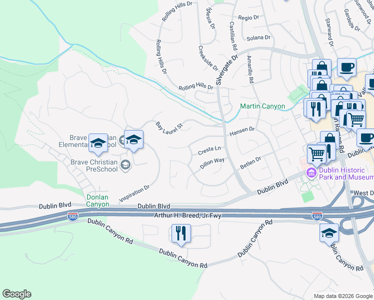 map of restaurants, bars, coffee shops, grocery stores, and more near 7278 Prow Way in Dublin