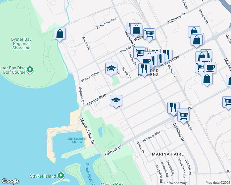 map of restaurants, bars, coffee shops, grocery stores, and more near 2463 West Avenue 133rd in San Leandro