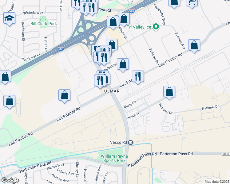 map of restaurants, bars, coffee shops, grocery stores, and more near 6013 Las Positas Road in Livermore