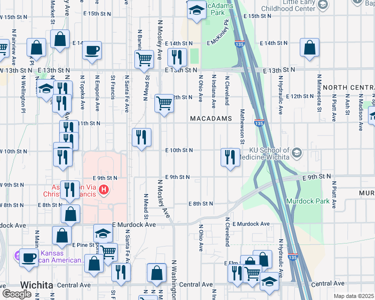map of restaurants, bars, coffee shops, grocery stores, and more near 1101 East 10th Street North in Wichita