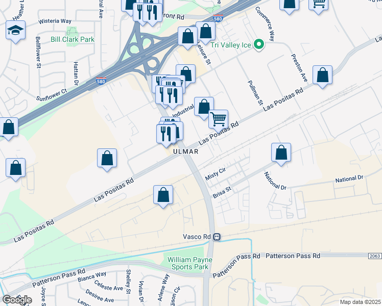 map of restaurants, bars, coffee shops, grocery stores, and more near 6013 Las Positas Road in Livermore