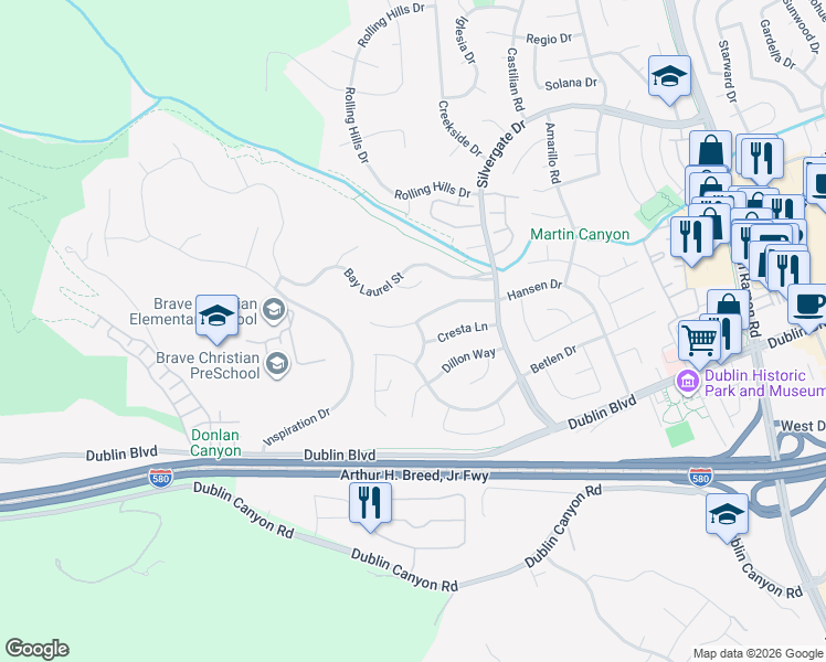 map of restaurants, bars, coffee shops, grocery stores, and more near 7278 Prow Way in Dublin