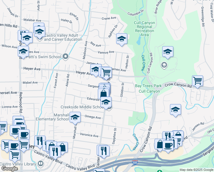 map of restaurants, bars, coffee shops, grocery stores, and more near 19457 Center Street in Castro Valley