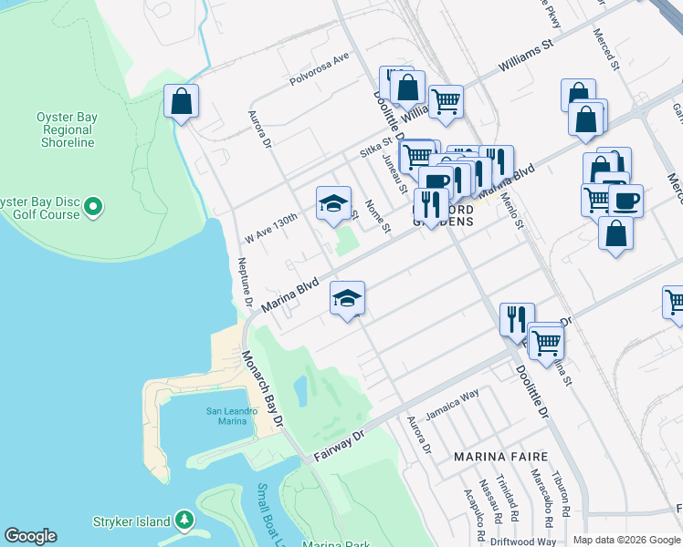 map of restaurants, bars, coffee shops, grocery stores, and more near 2484 Marina Boulevard in San Leandro