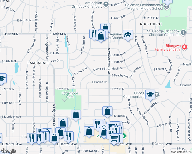 map of restaurants, bars, coffee shops, grocery stores, and more near 6219 Beachy Street in Wichita