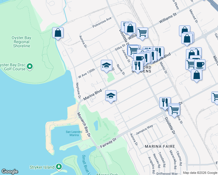 map of restaurants, bars, coffee shops, grocery stores, and more near 2484 Marina Boulevard in San Leandro