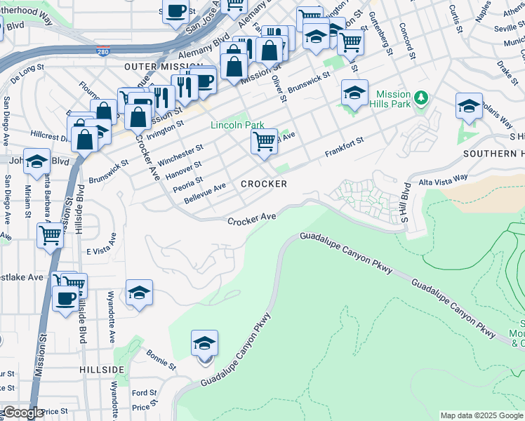 map of restaurants, bars, coffee shops, grocery stores, and more near 989 Crocker Avenue in Daly City