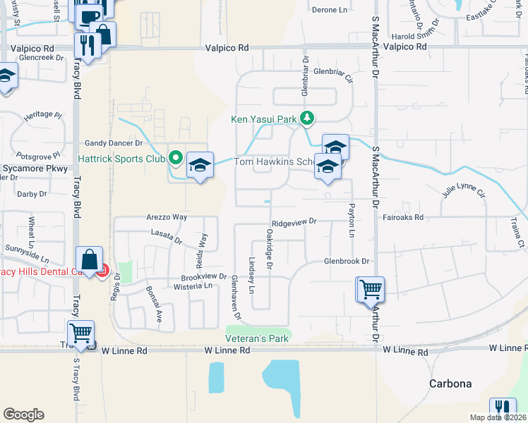 map of restaurants, bars, coffee shops, grocery stores, and more near 232 Kelley Mist Lane in Tracy