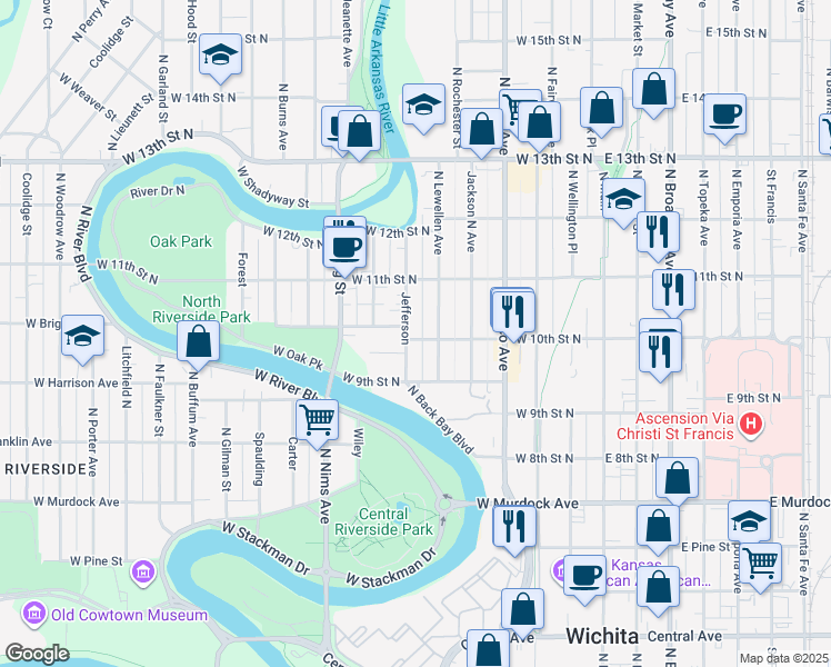 map of restaurants, bars, coffee shops, grocery stores, and more near 1102 N Jefferson St in Wichita