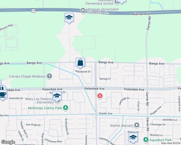 map of restaurants, bars, coffee shops, grocery stores, and more near 4232 Blake Drive in Modesto
